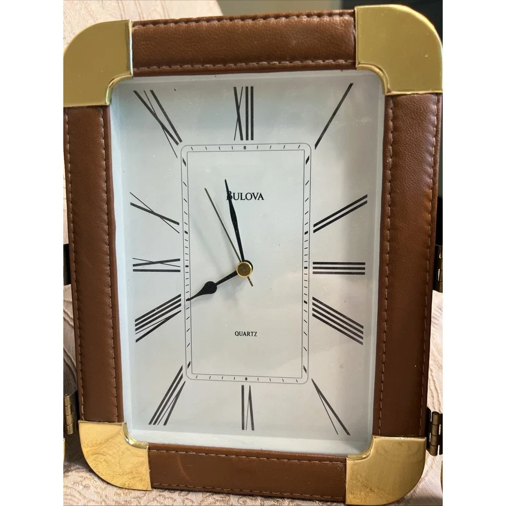 Bulova Folding Travel Clock Leather And Brass With 3 X 4.5 Photo Frames